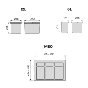 Emuca Contenitori per raccolta differenziata, 12 L+12 L+6 L+6 L, modulo 800 mm, Plastica, Grigio antracite, 4 u.+ Base