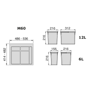 Emuca Contenitori per raccolta differenziata, 12 L + 6 L + 6 L, modulo 600 mm, Plastica, Grigio antracite, 3 u. + Base