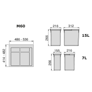 Emuca Contenitori per raccolta differenziata, 12 L + 7 L + 7 L, modulo 600 mm, Plastica, Grigio antracite, 3 u. + Base