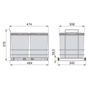 Emuca Pattumiera per differenziata Recycle da cucina, 2 x 16 L, fissaggio sul fondo ed estrazione manuale, Tecnoplastica grigio antracite