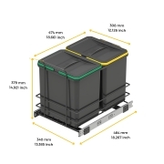 Emuca Pattumiera per differenziata Recycle da cucina, 2 x 16 L, fissaggio sul fondo ed estrazione manuale, Tecnoplastica grigio antracite